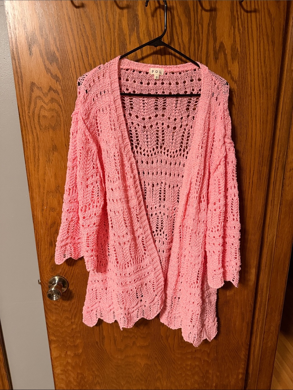 POL Open-Knit Crocheted Pink Women's Cardigan